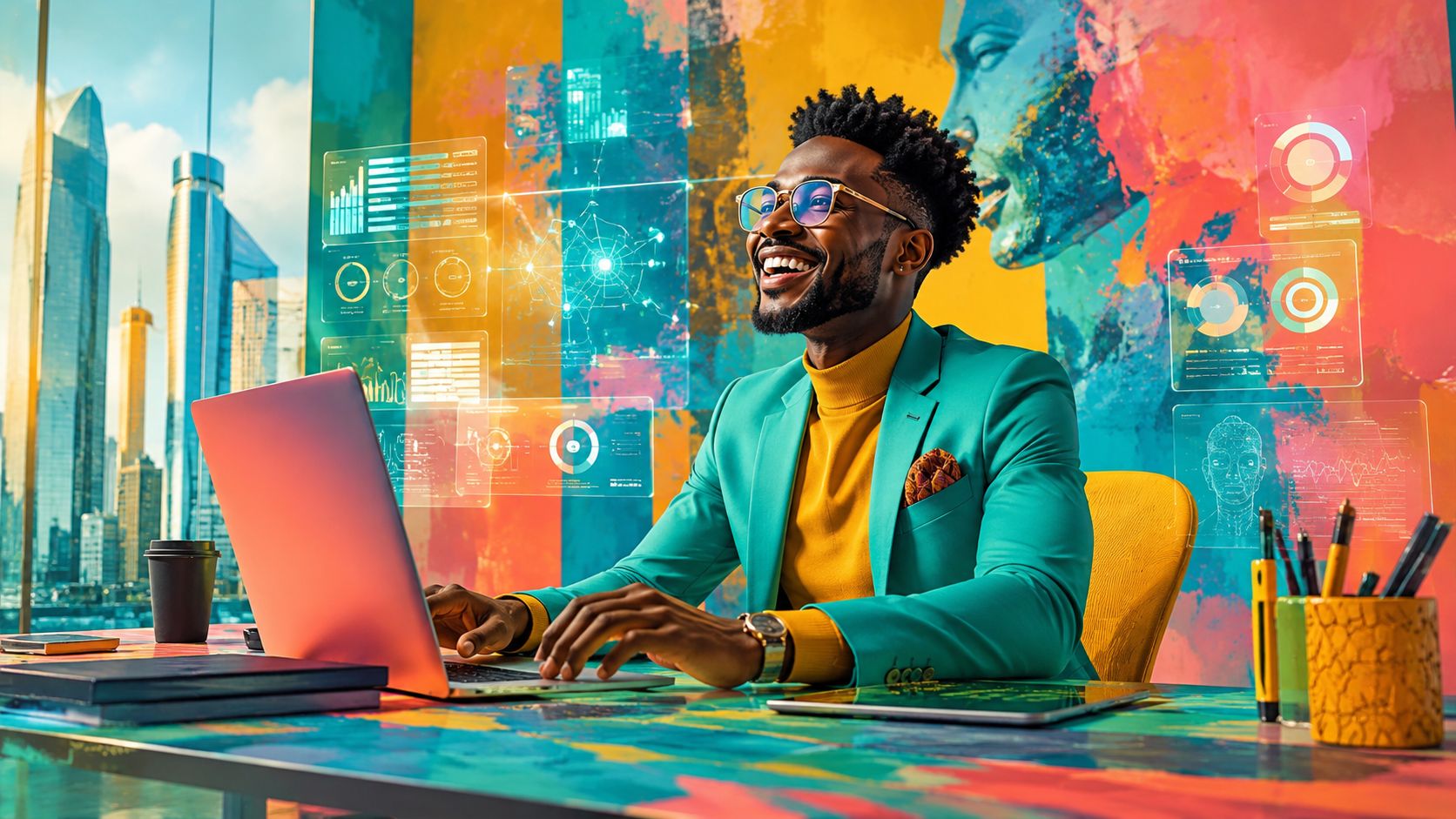 Professionnel africain utilisant un système IA coloré